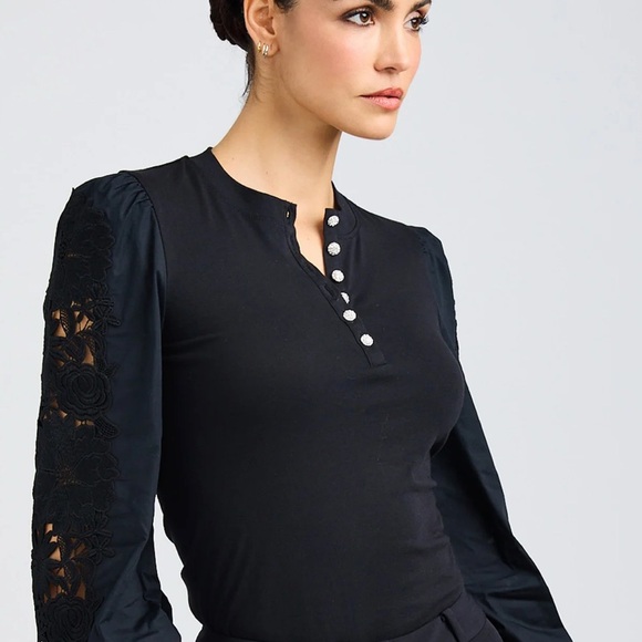 Generation Love Black Blouse with Mandarin Collar and Buttoned Style - Picture 1 of 1